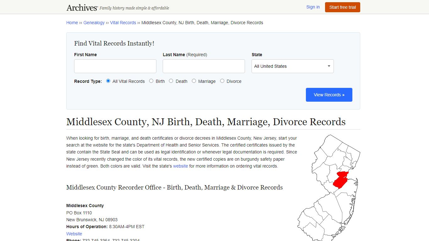 Middlesex County, NJ Birth, Death, Marriage, Divorce Records